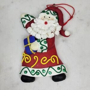 Vintage Clay Dough Santa With Gift Christmas Tree Ornament Hanging Holiday Decor